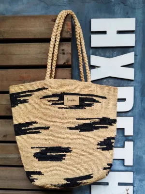 Coastal Raffia Hand Crochet Tote in Beige / Black