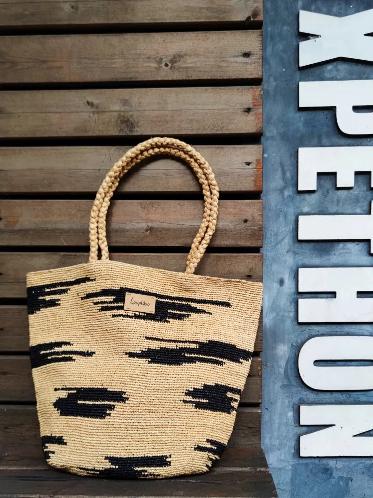 Coastal Raffia Hand Crochet Tote in Beige / Black