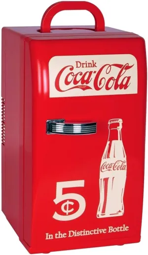 Coca-Cola Retro 18 Can Mini Fridge w/ 12V DC and 110V AC Cords, 22L (23 qt), Portable Cooler, Red, Travel Fridge for Drinks, Snacks, Lunch, Home, Office, Dorm Room, RV
