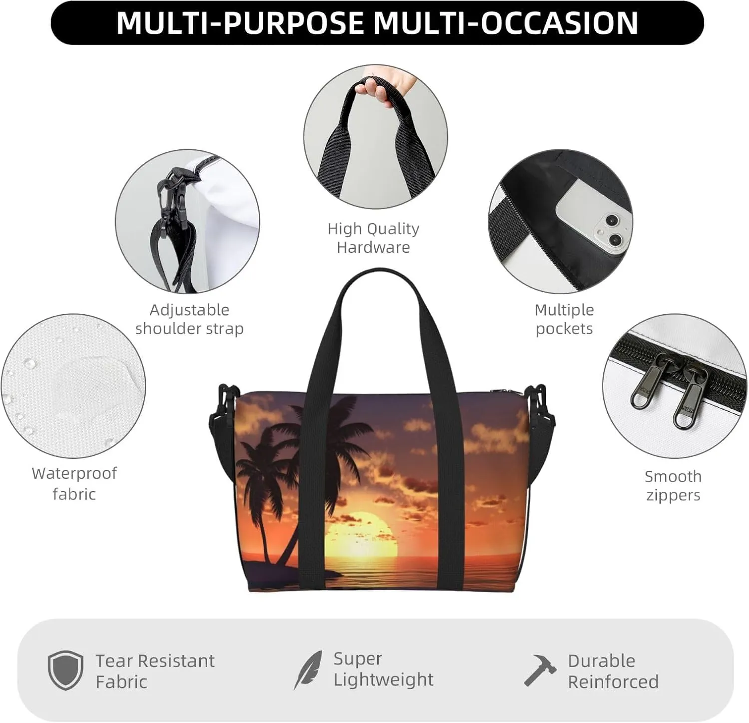 Coconut Palm Tree Travel Duffel Bags for Women Men, Sports Training Gym Bag Dance Bag with Adjustable Shoulder Strap Sea Beach Sunset Weekender Overnight Bag