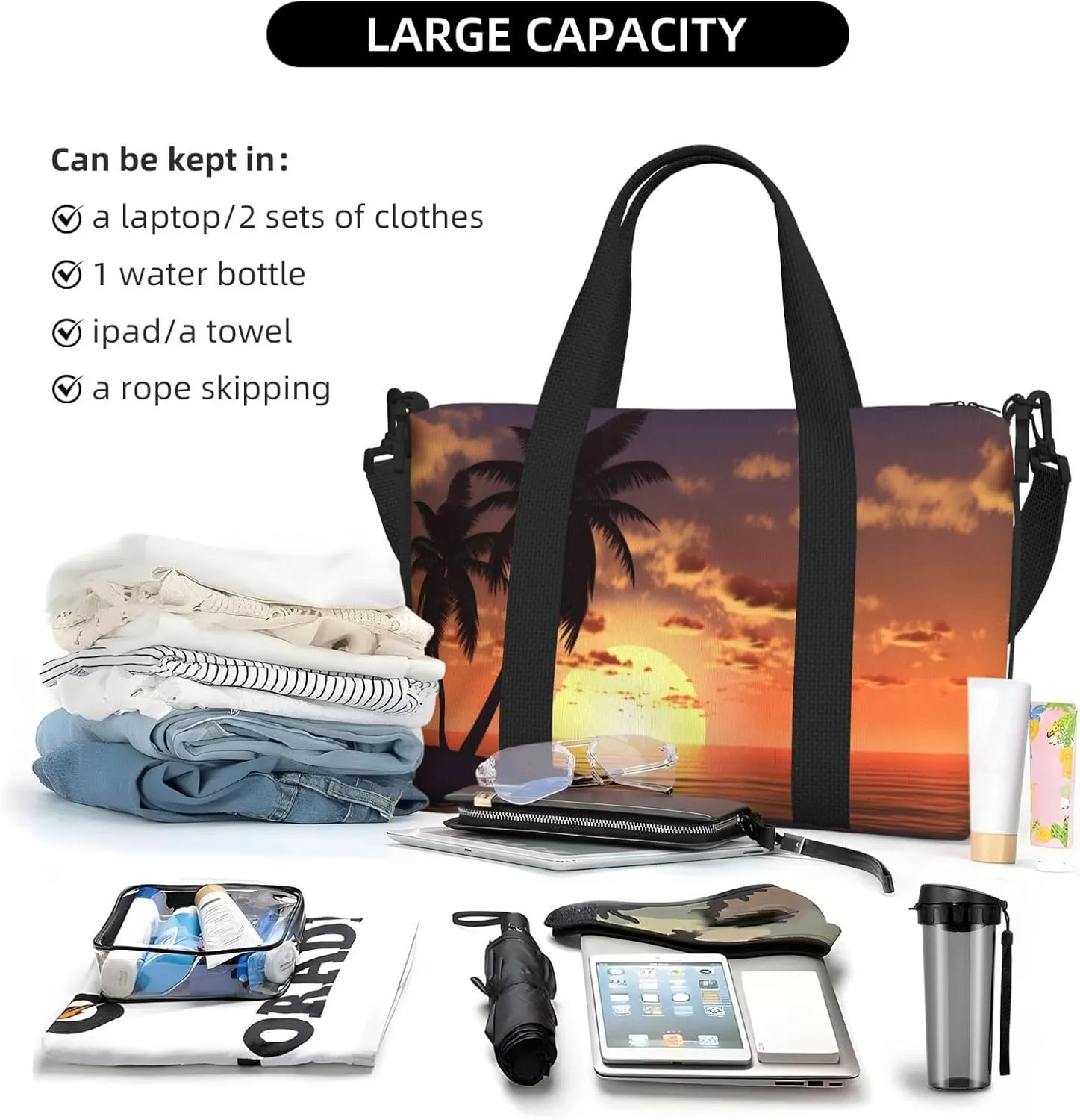 Coconut Palm Tree Travel Duffel Bags for Women Men, Sports Training Gym Bag Dance Bag with Adjustable Shoulder Strap Sea Beach Sunset Weekender Overnight Bag