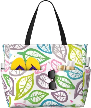 Coloured foliage lines Print 28L Large Beach Tote Bag, 7 Pockets Waterproof Travel Shoulder Bag, Gym Oversized Tote