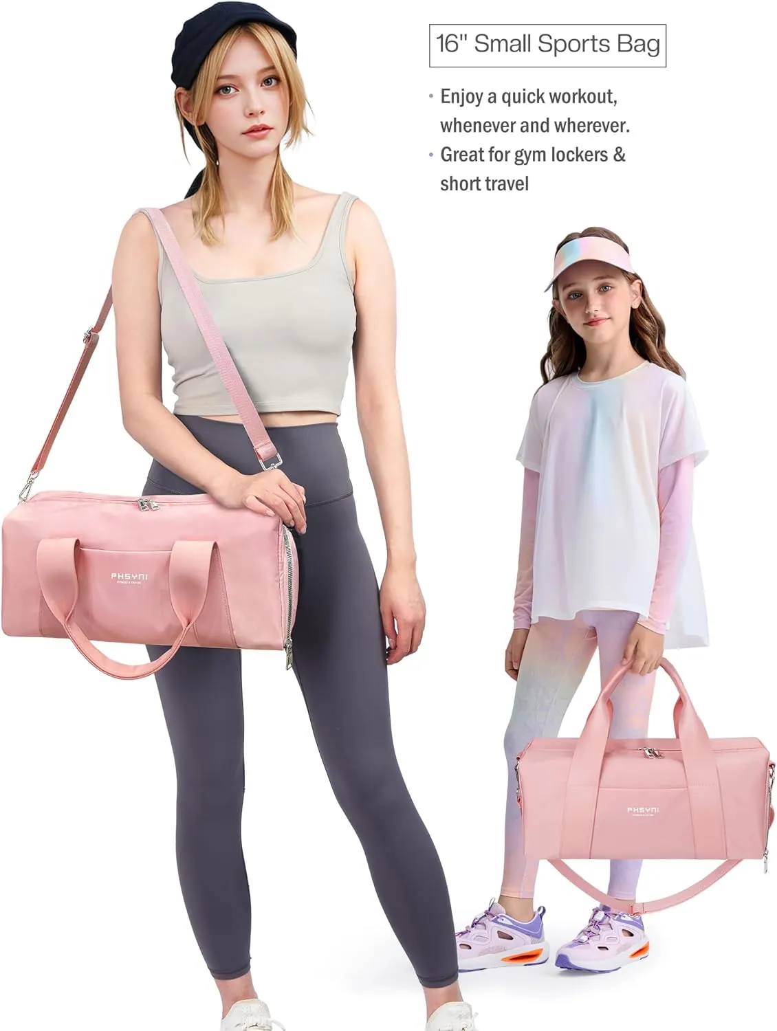 Compact Sports Gym Bag for Women Girls, Cute Mini Duffle Bag with Wet Pocket & Shoes Compartment, Personal Item Travel Workout Bag, 16"-Small, Pink
