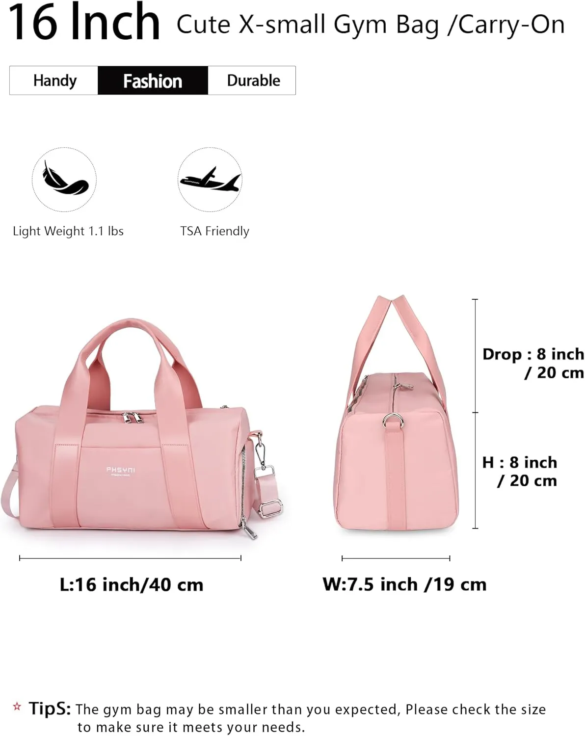 Compact Sports Gym Bag for Women Girls, Cute Mini Duffle Bag with Wet Pocket & Shoes Compartment, Personal Item Travel Workout Bag, 16"-Small, Pink