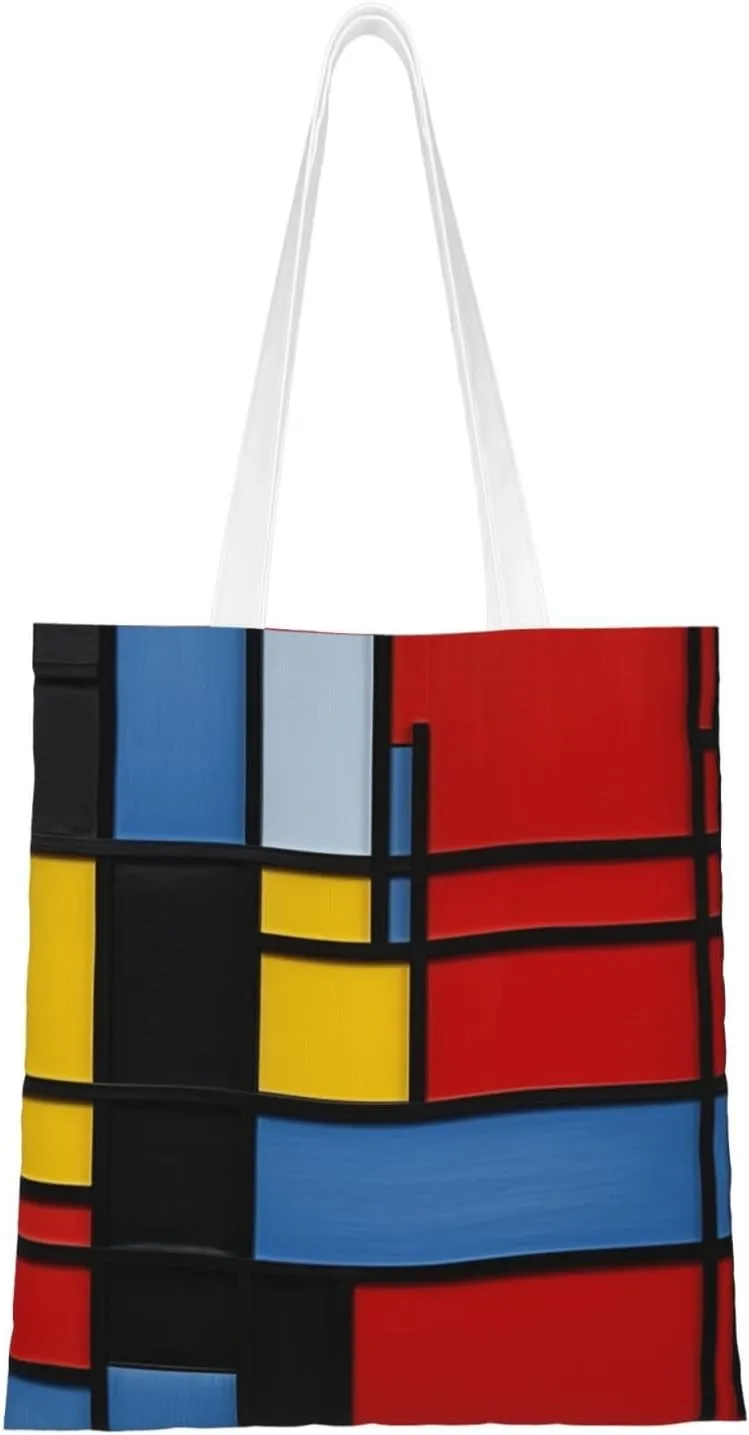 Composition in Red Yellow Blue and Black printed Reusable Tote Shopping Bag Fashion Handbag