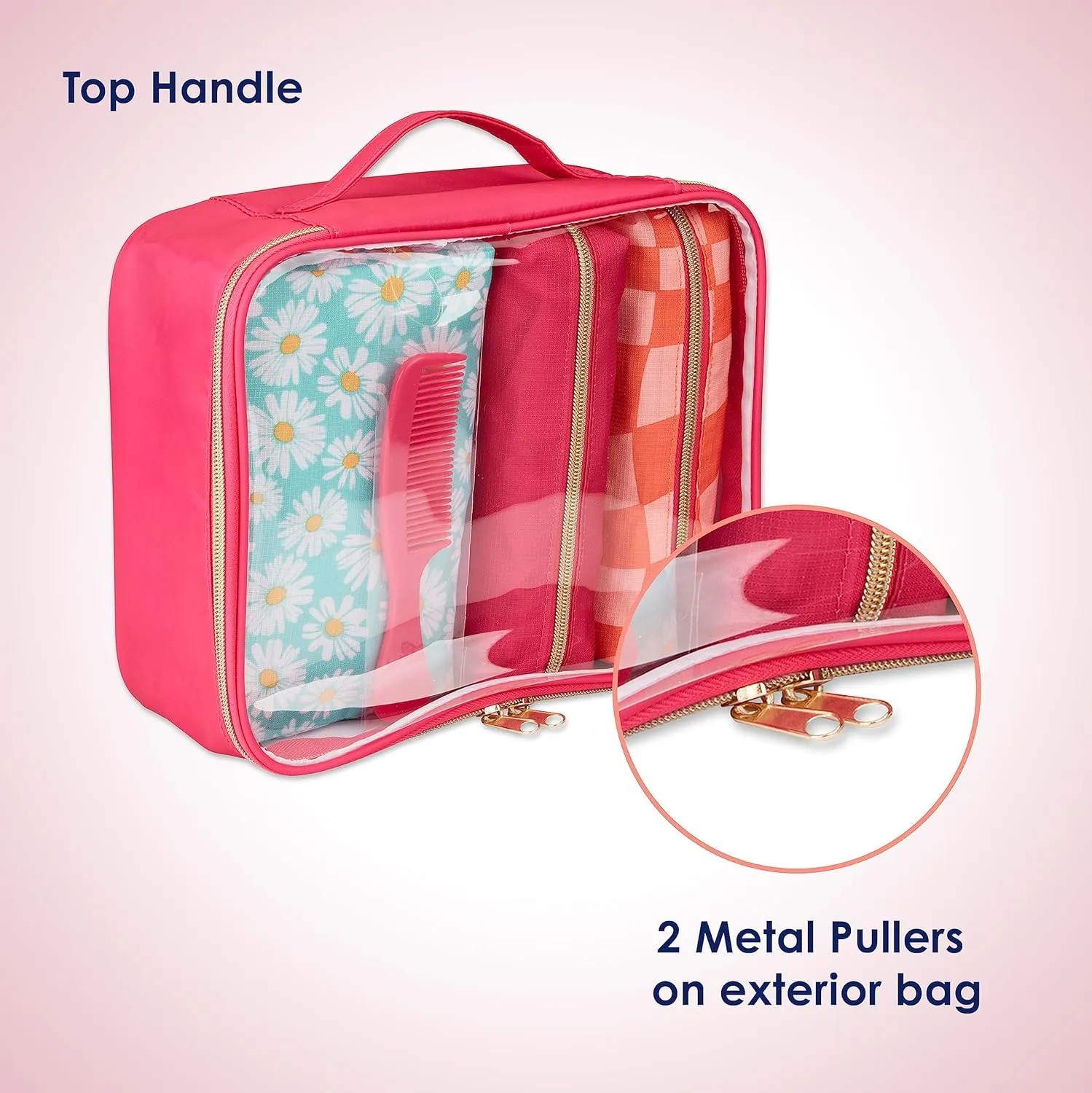 Conair 5 Piece Toiletry and Cosmetic Bag Set Under $30, Includes 4 Makeup Bags and 1 Travel Comb in Pink and Daisy Prints