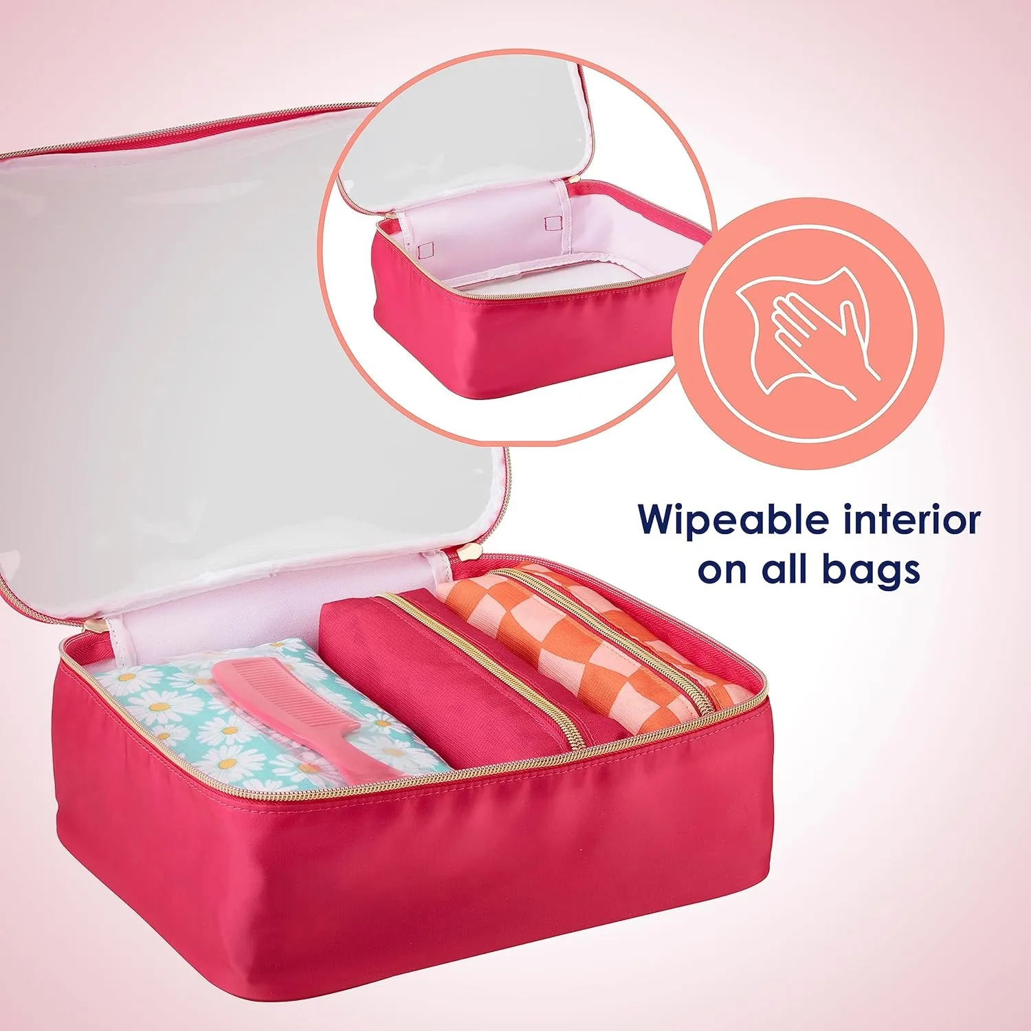 Conair 5 Piece Toiletry and Cosmetic Bag Set Under $30, Includes 4 Makeup Bags and 1 Travel Comb in Pink and Daisy Prints