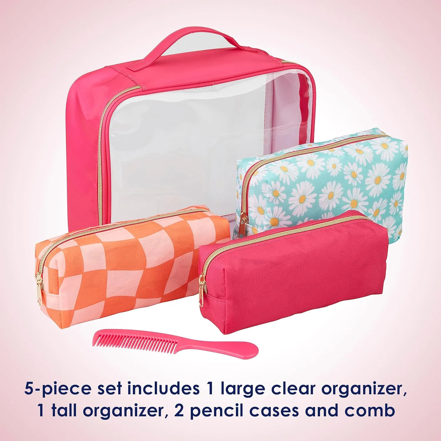 Conair 5 Piece Toiletry and Cosmetic Bag Set Under $30, Includes 4 Makeup Bags and 1 Travel Comb in Pink and Daisy Prints