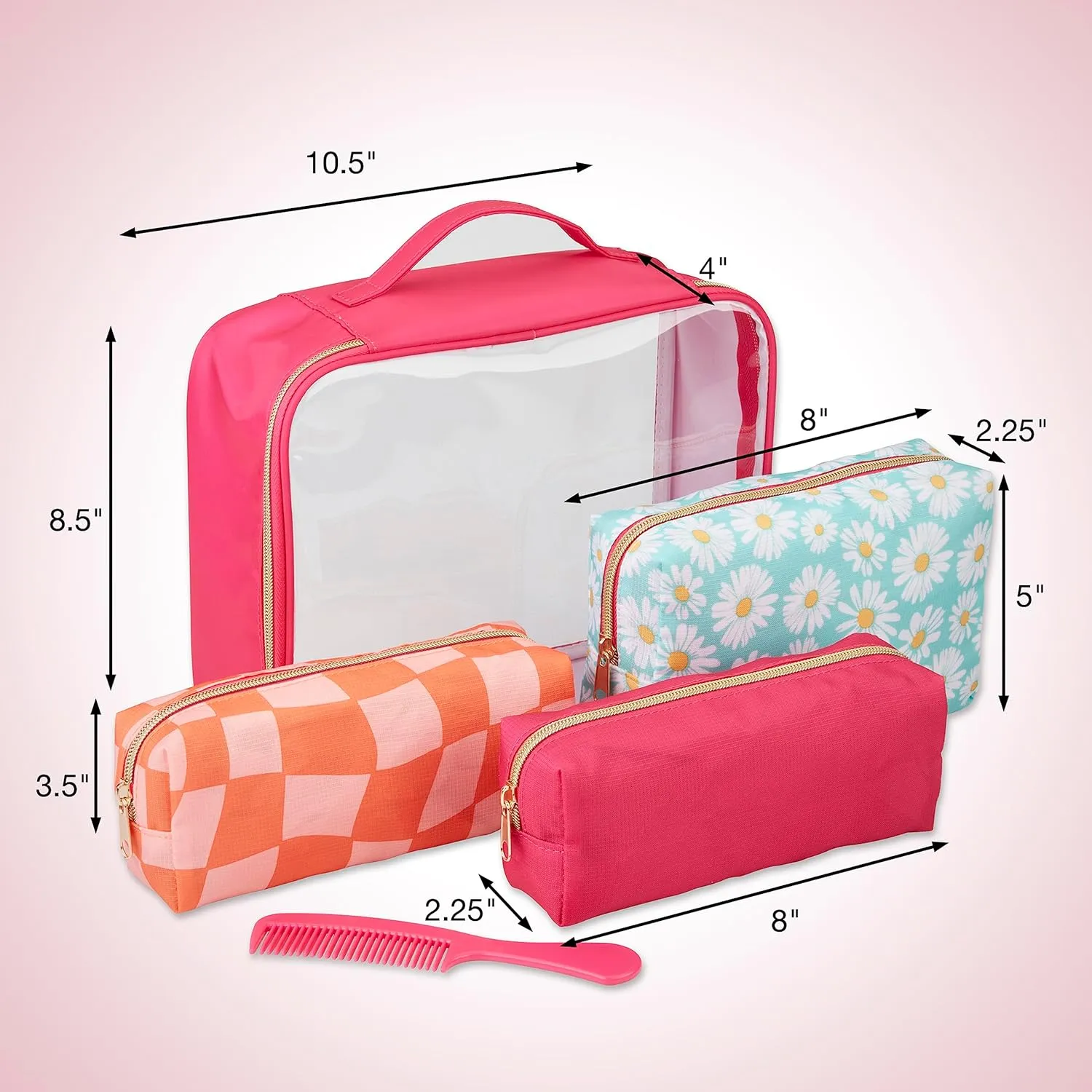 Conair 5 Piece Toiletry and Cosmetic Bag Set Under $30, Includes 4 Makeup Bags and 1 Travel Comb in Pink and Daisy Prints
