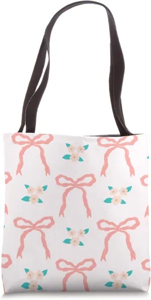 Cottagecore Core Parisian Chic Pink Bow and Floral Print Tote Bag