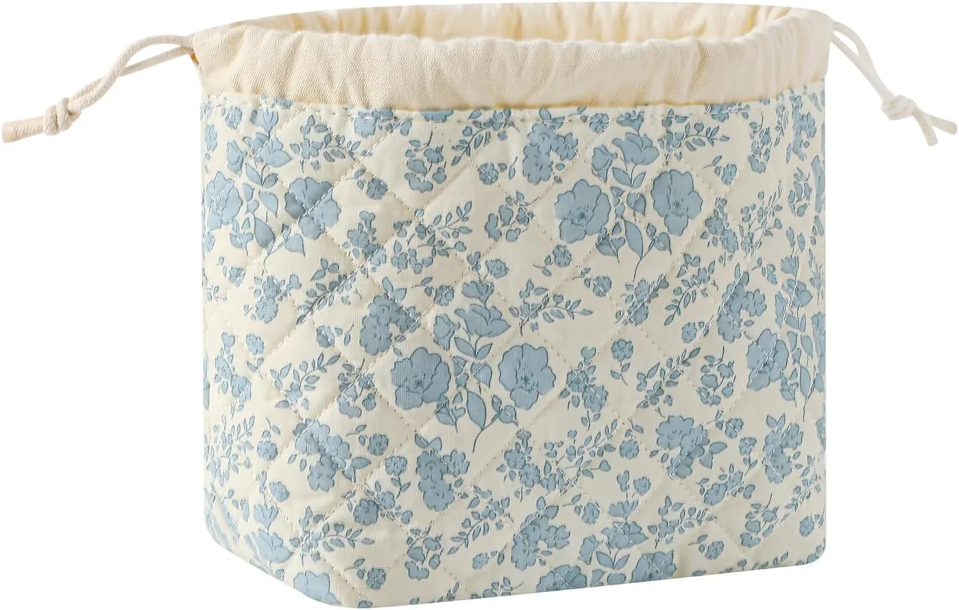 Cotton Quilted Drawstring Makeup Bag with Canvas Lining,Coquette Aesthetic Cute Travel Toiletry Bag,Drawstring Gift Bag for Women and Girls（02Light Blue Flower）