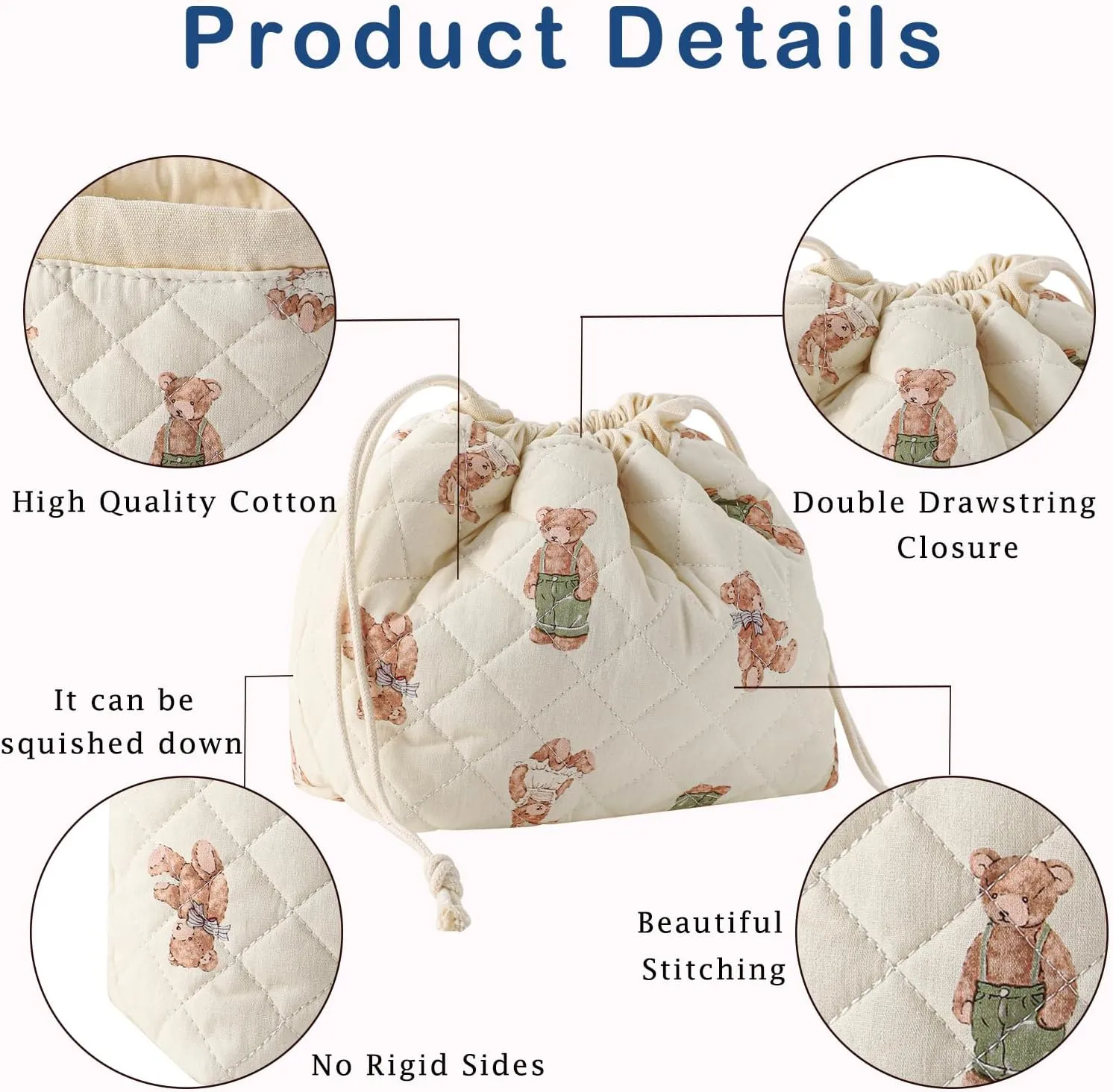 Cotton Quilted Drawstring Makeup Bag with Canvas Lining,Coquette Aesthetic Cute Travel Toiletry Bag,Drawstring Gift Bag for Women and Girls（04White Bear）
