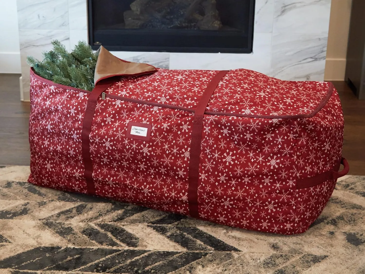 Covermates Keepsakes Christmas Tree Cinch Bag - Superior Protection, Cinch Straps, Fits Up to 9 to 11-Foot Tree - Holiday Storage, Red Snowflake