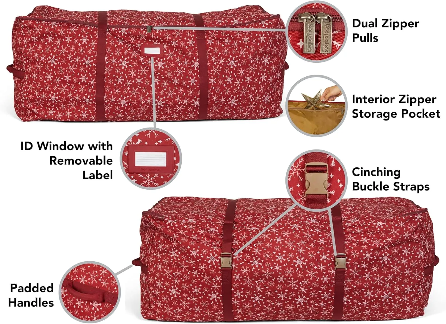Covermates Keepsakes Christmas Tree Cinch Bag - Superior Protection, Cinch Straps, Fits Up to 9 to 11-Foot Tree - Holiday Storage, Red Snowflake