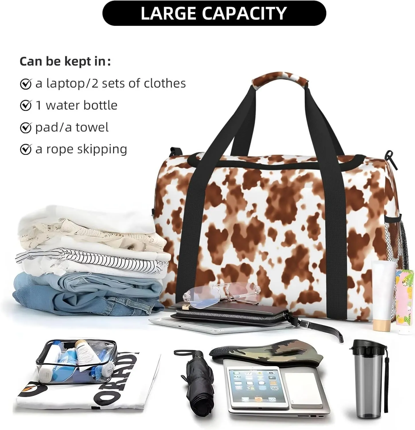Cow Print Brown Travel Weekender Overnight Bags Foldable Hand Travel Bag Sport Gym Duffel Bag For Men Women