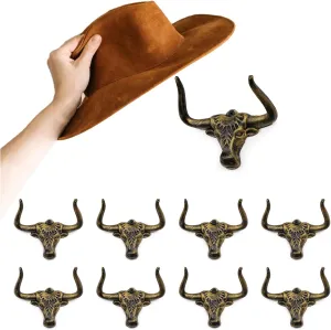 Cowboy Hat Rack for Wall 8 Pack Modern Cast Iron Cowboy Hat Holder Cowgirl Hat Hanger Western Decor Longhorn Hooks Decorative Wall Hooks for Storage and Organization Antique Gold