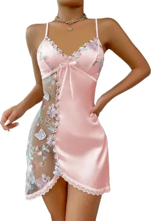 COZYEASE Women's Mesh Embroidery Lace Trim Floral Chemise Sleep Dresses Satin Slip Dress Babydoll Nightgown