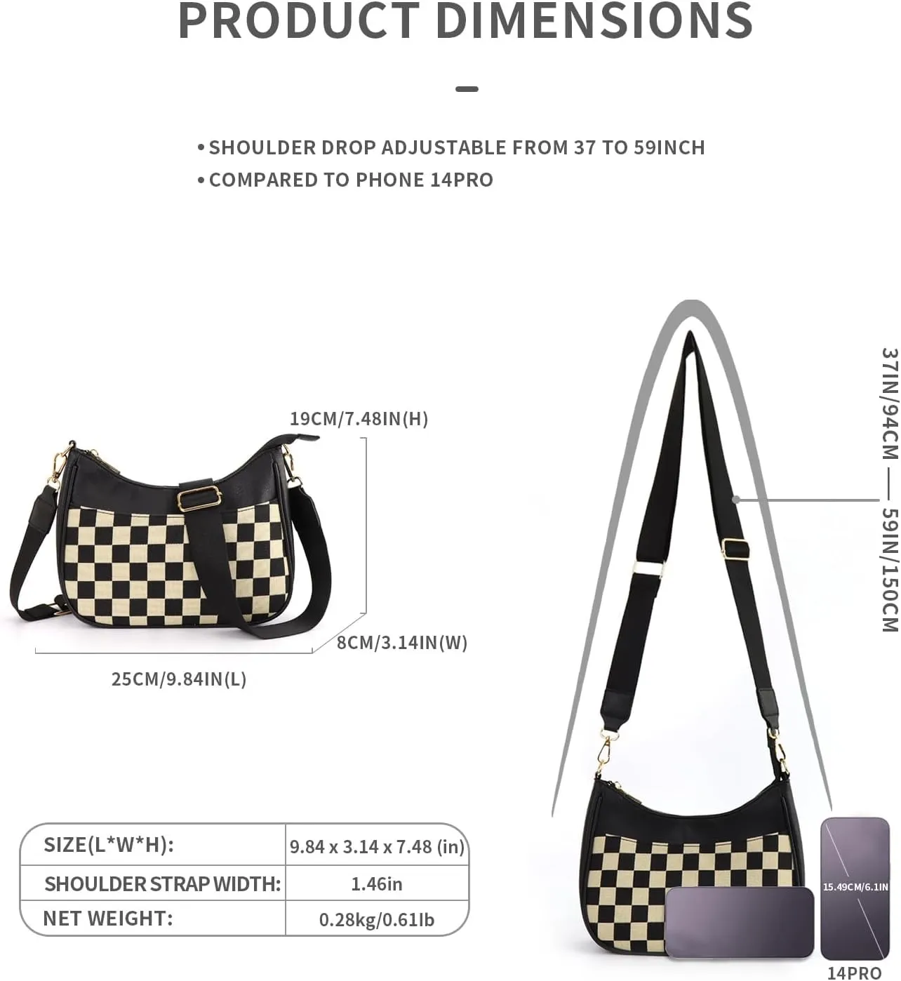Crescent Checkered Crossbody Bags For Women Plaid Pattern Purse Medium Checkerboard Shoulder Bag Handbags