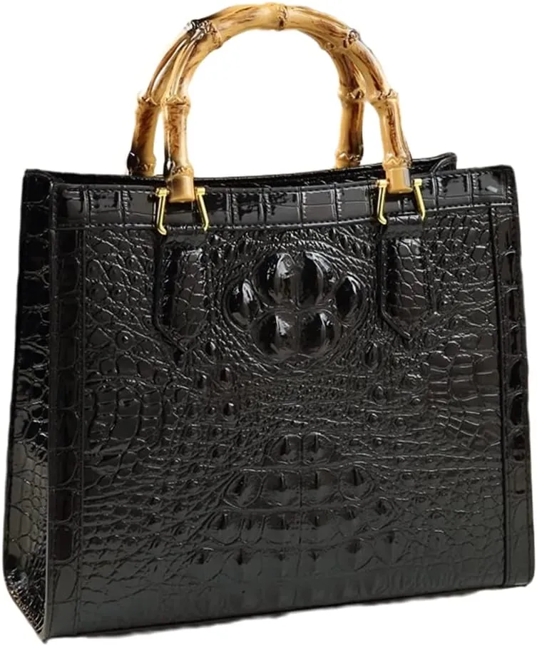 Crocodile Pattern Leather Women's Bag Bamboo Top-Handle Satchel Handbags Portable Tote Bag Shoulder Messenger Bags (Black)