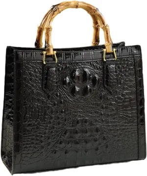 Crocodile Pattern Leather Women's Bag Bamboo Top-Handle Satchel Handbags Portable Tote Bag Shoulder Messenger Bags (Black)