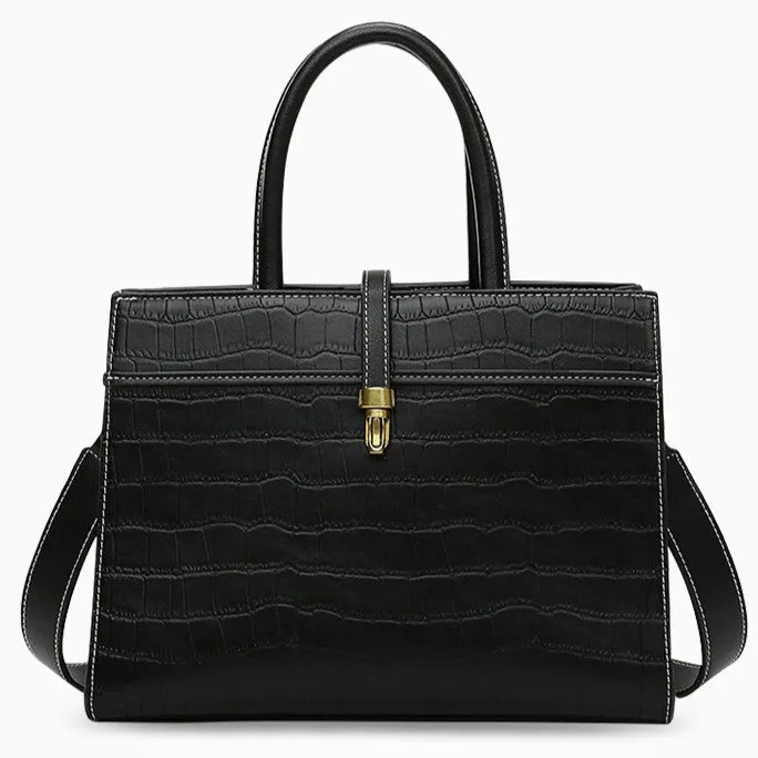Crocodile Pattern Vegan Leather Tote Bag – Khaki Black