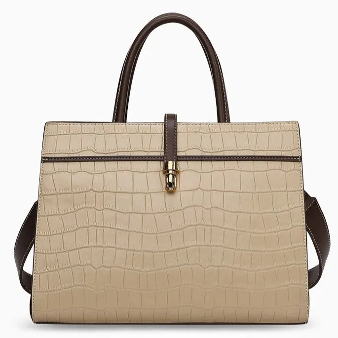 Crocodile Pattern Vegan Leather Tote Bag – Khaki Black
