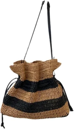 Crossbody Bag for Women Handmade Straw Summer Chic Woven Handbag Shoulder Purse Striped Beach Purses for Women Brown