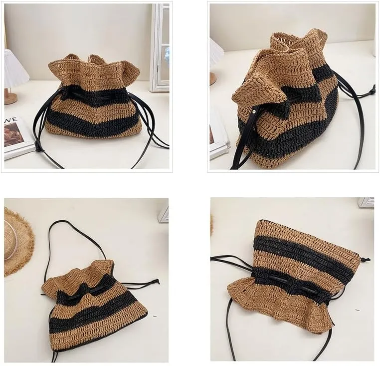 Crossbody Bag for Women Handmade Straw Summer Chic Woven Handbag Shoulder Purse Striped Beach Purses for Women Brown