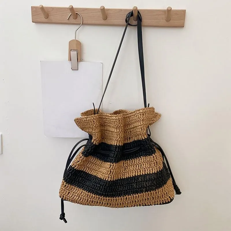 Crossbody Bag for Women Handmade Straw Summer Chic Woven Handbag Shoulder Purse Striped Beach Purses for Women Brown
