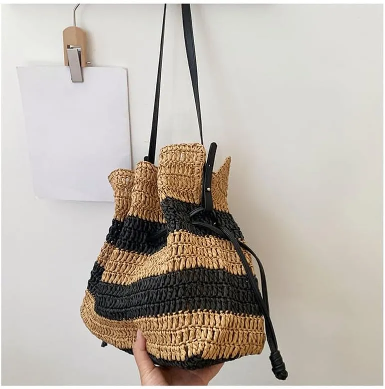 Crossbody Bag for Women Handmade Straw Summer Chic Woven Handbag Shoulder Purse Striped Beach Purses for Women Brown