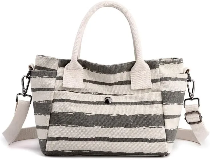 Crossbody Bag for Women Striped Top-Handle Canvas Bag Vintage Shoulder Handbag Travel Commuter Work Hobo Tote Handbags Grey