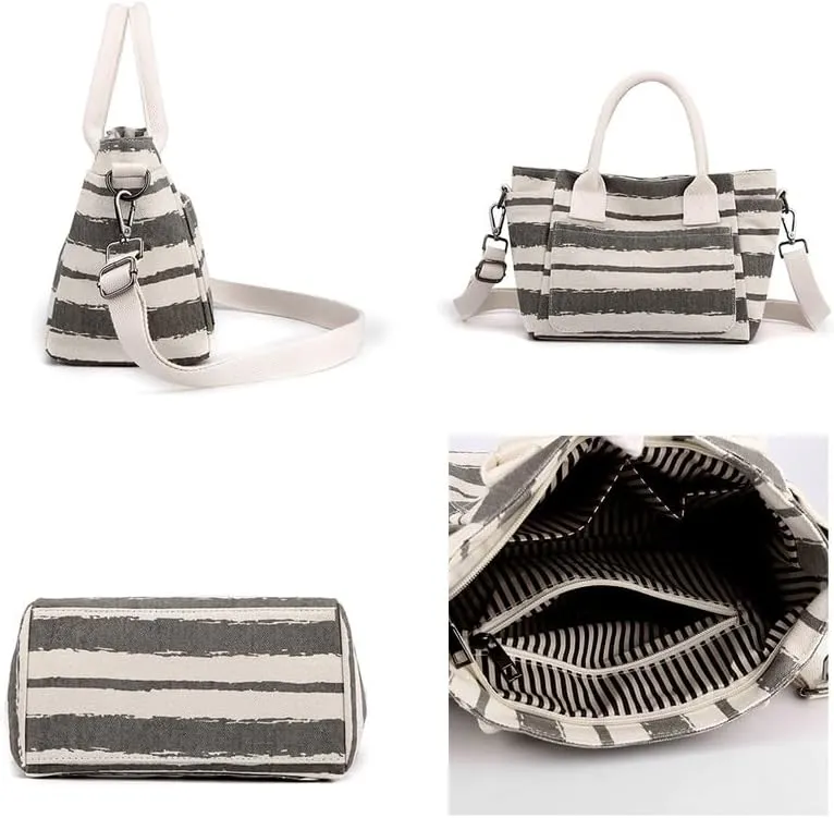 Crossbody Bag for Women Striped Top-Handle Canvas Bag Vintage Shoulder Handbag Travel Commuter Work Hobo Tote Handbags Grey