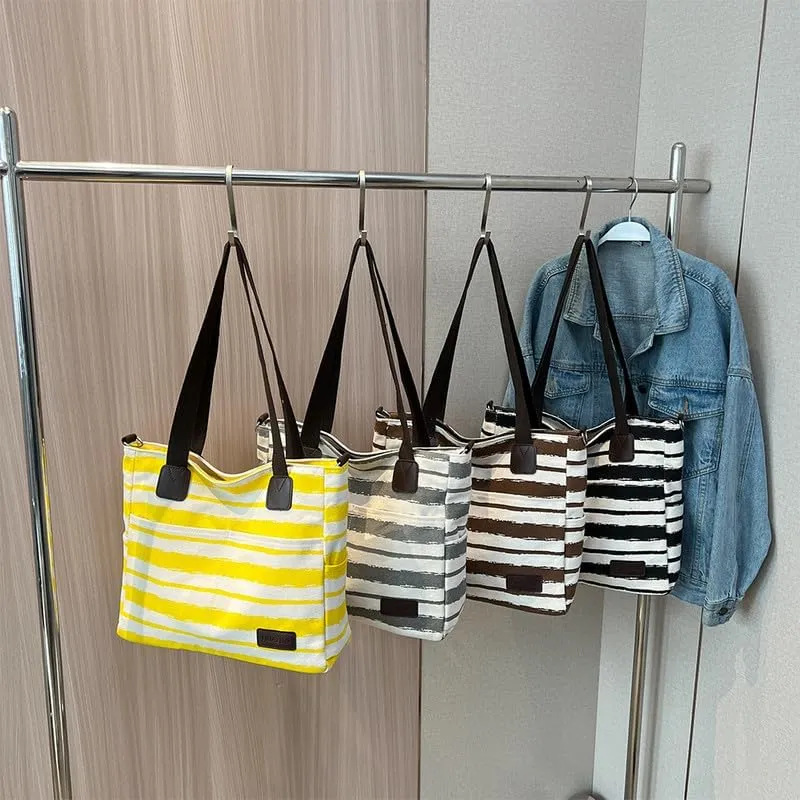 Crossbody Bags for Women Canvas Purses Large Capacity Shoulder Handbags Striped Travel Bag Shopping Tote Bag for Women Coffee