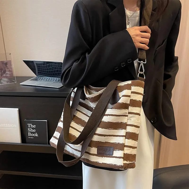 Crossbody Bags for Women Canvas Purses Large Capacity Shoulder Handbags Striped Travel Bag Shopping Tote Bag for Women Coffee