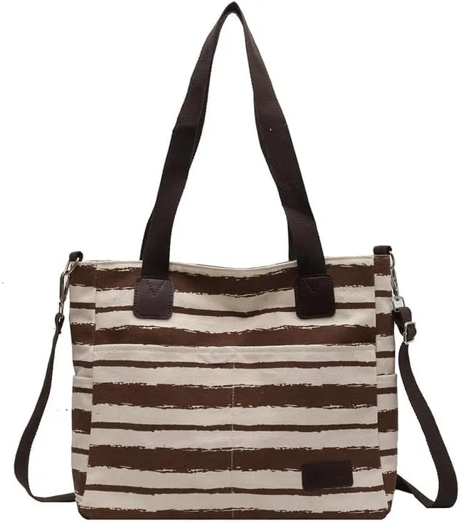 Crossbody Bags for Women Canvas Purses Large Capacity Shoulder Handbags Striped Travel Bag Shopping Tote Bag for Women Coffee