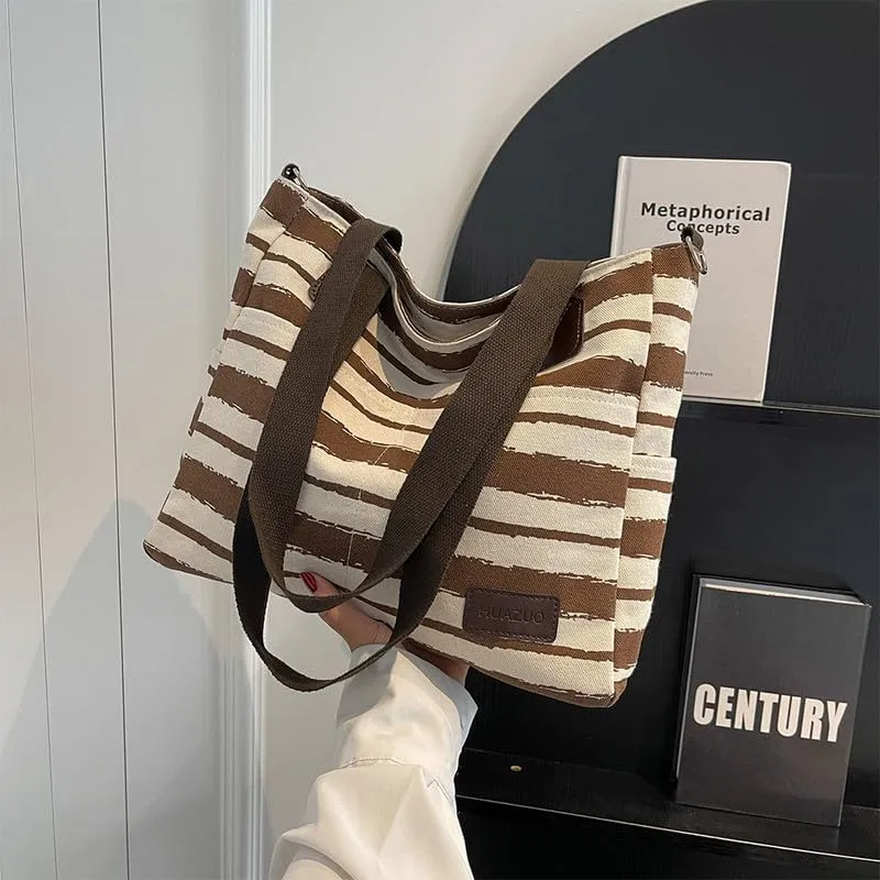 Crossbody Bags for Women Canvas Purses Large Capacity Shoulder Handbags Striped Travel Bag Shopping Tote Bag for Women Coffee