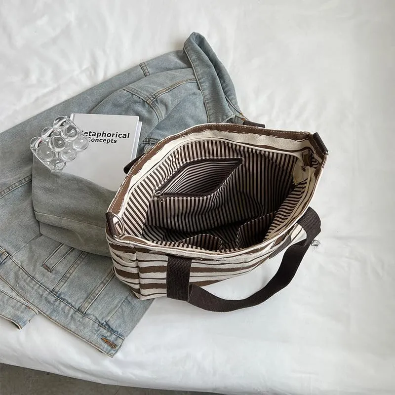 Crossbody Bags for Women Canvas Purses Large Capacity Shoulder Handbags Striped Travel Bag Shopping Tote Bag for Women Coffee