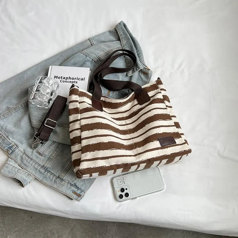 Crossbody Bags for Women Canvas Purses Large Capacity Shoulder Handbags Striped Travel Bag Shopping Tote Bag for Women Coffee