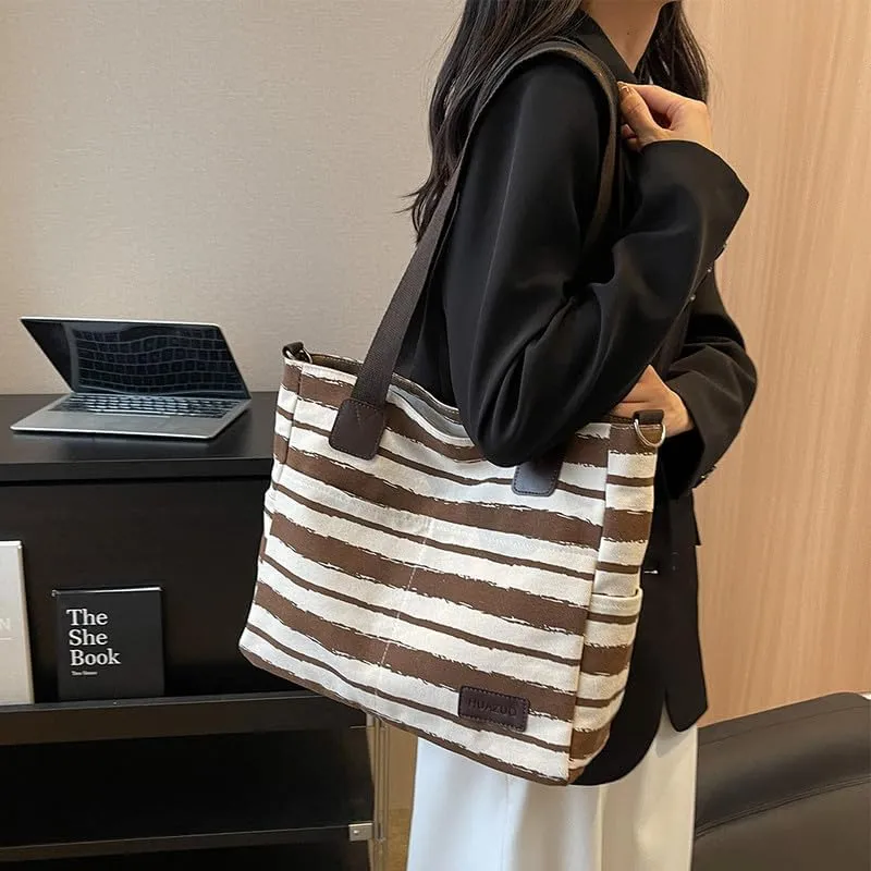 Crossbody Bags for Women Canvas Purses Large Capacity Shoulder Handbags Striped Travel Bag Shopping Tote Bag for Women Coffee
