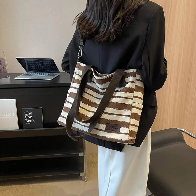 Crossbody Bags for Women Canvas Purses Large Capacity Shoulder Handbags Striped Travel Bag Shopping Tote Bag for Women Coffee