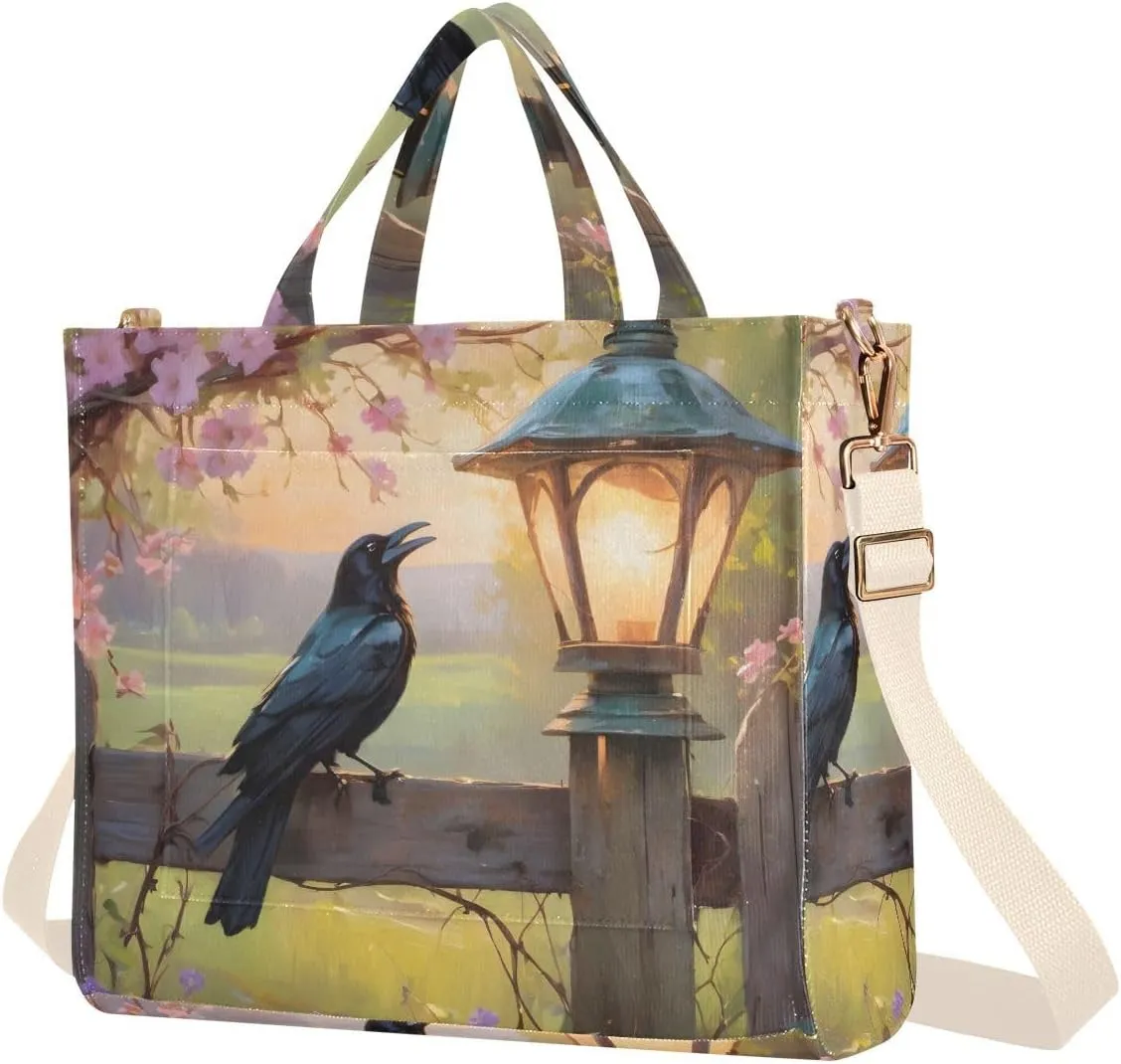 Crow in Yard Tote Bag for Women Corduroy Handbag Purse Shoulder Bag with Detachable Strap Small Size