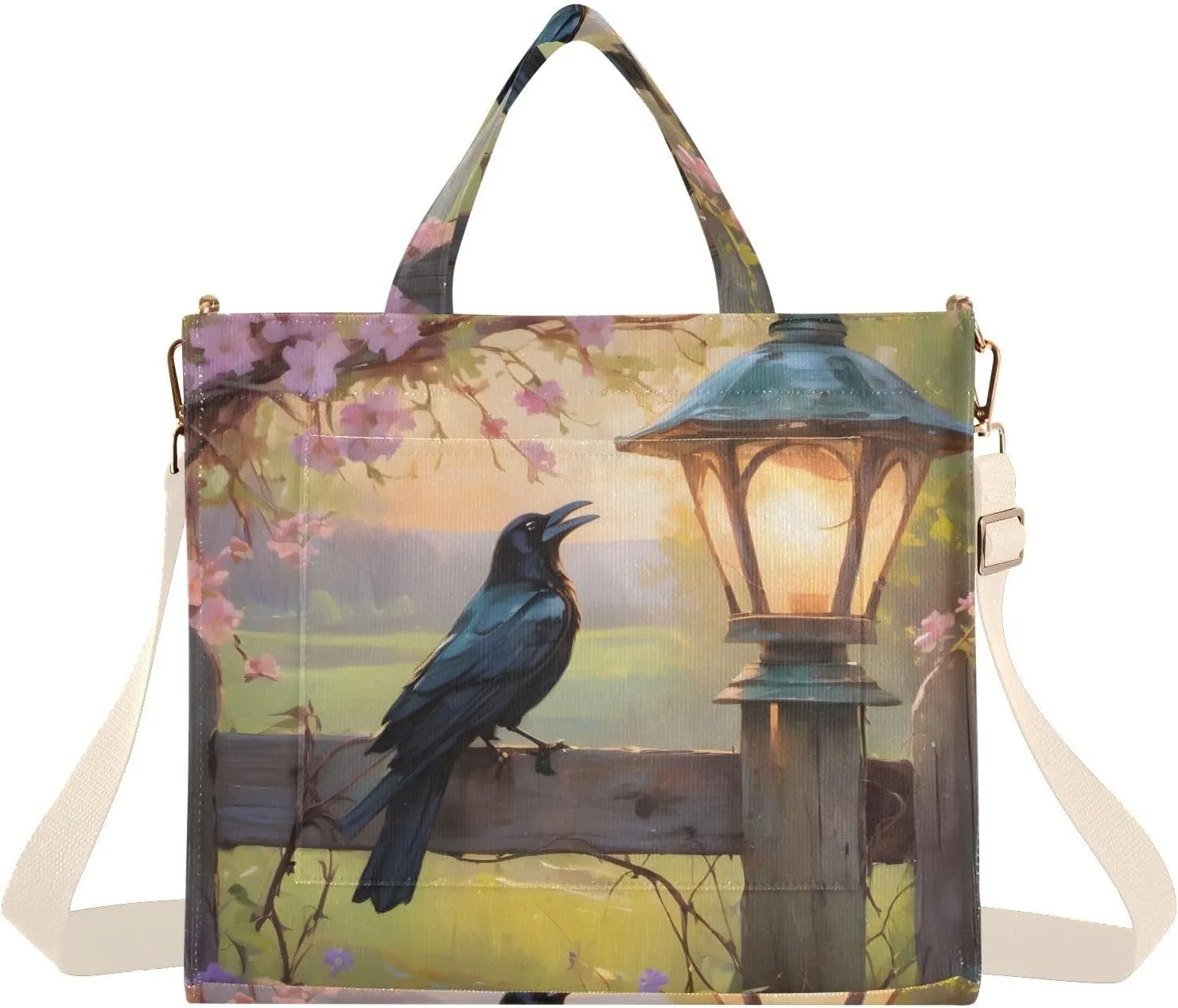 Crow in Yard Tote Bag for Women Corduroy Handbag Purse Shoulder Bag with Detachable Strap Small Size