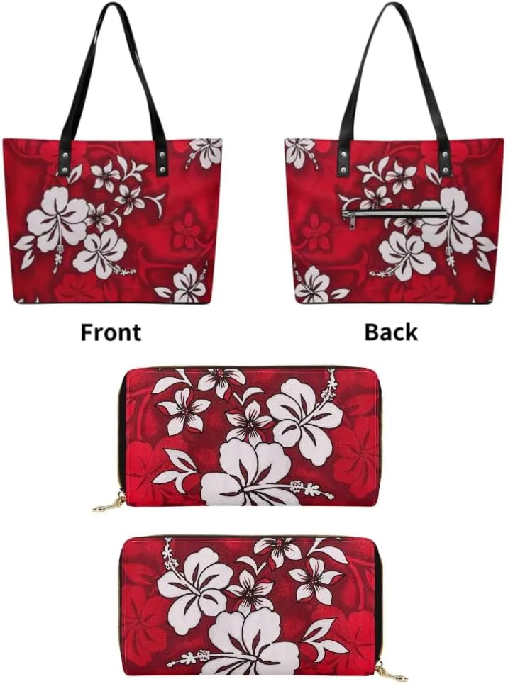 Custom Design Samoa Hibiscus Flower Leather Purse 2 Polynesian Women'S Tote Large Capacity Shoulder Bag