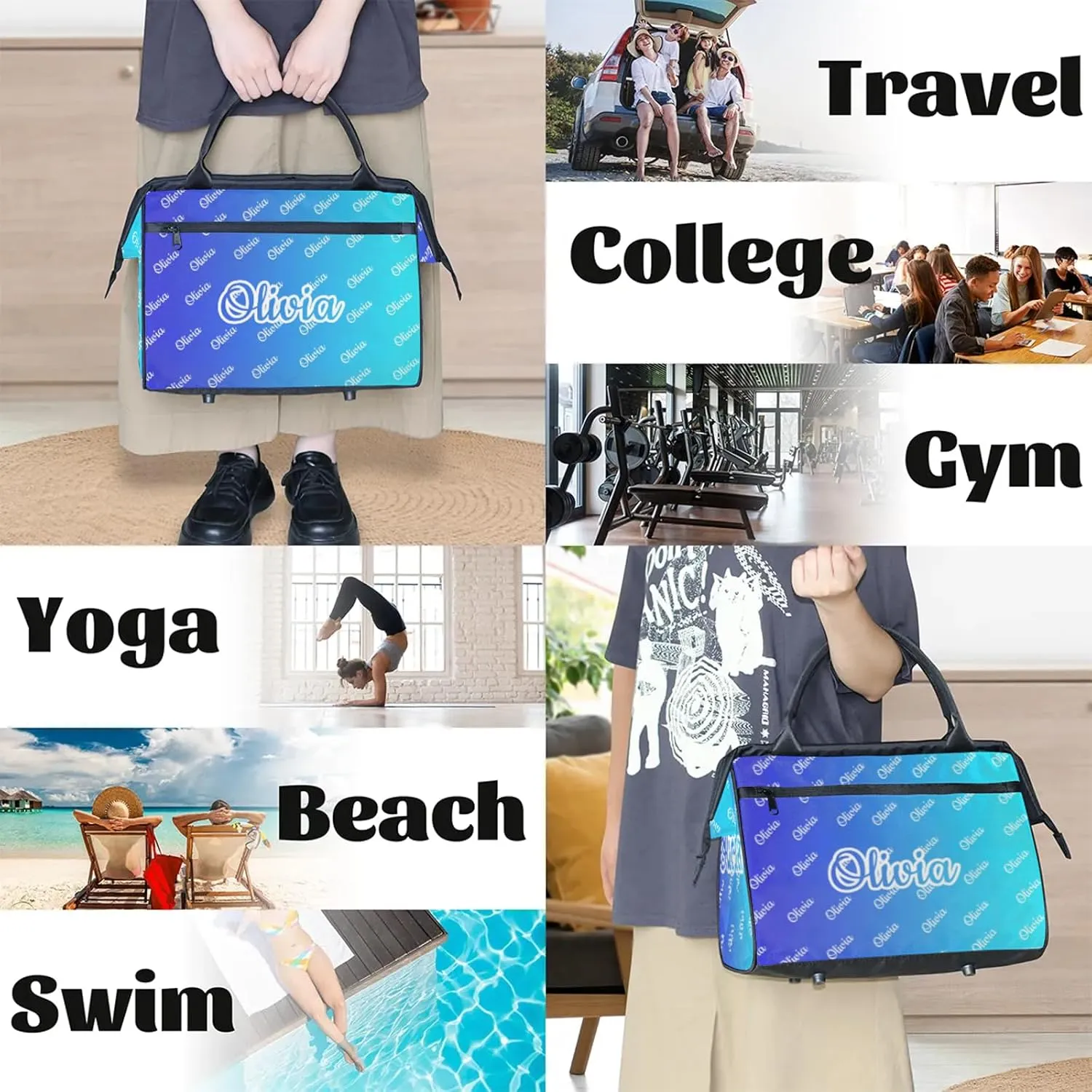 Custom Sport Duffel Bags Personalized Travel Overnight Bag Waterproof Dance Bag Lightweight Carry-On Tote for Women Men 15.2in, Multi Blue