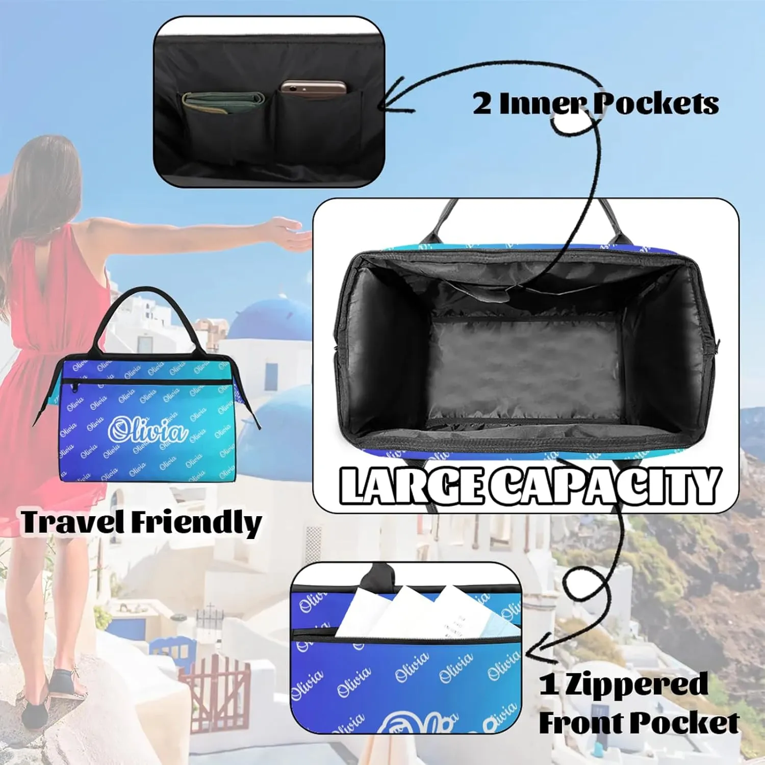Custom Sport Duffel Bags Personalized Travel Overnight Bag Waterproof Dance Bag Lightweight Carry-On Tote for Women Men 15.2in, Multi Blue