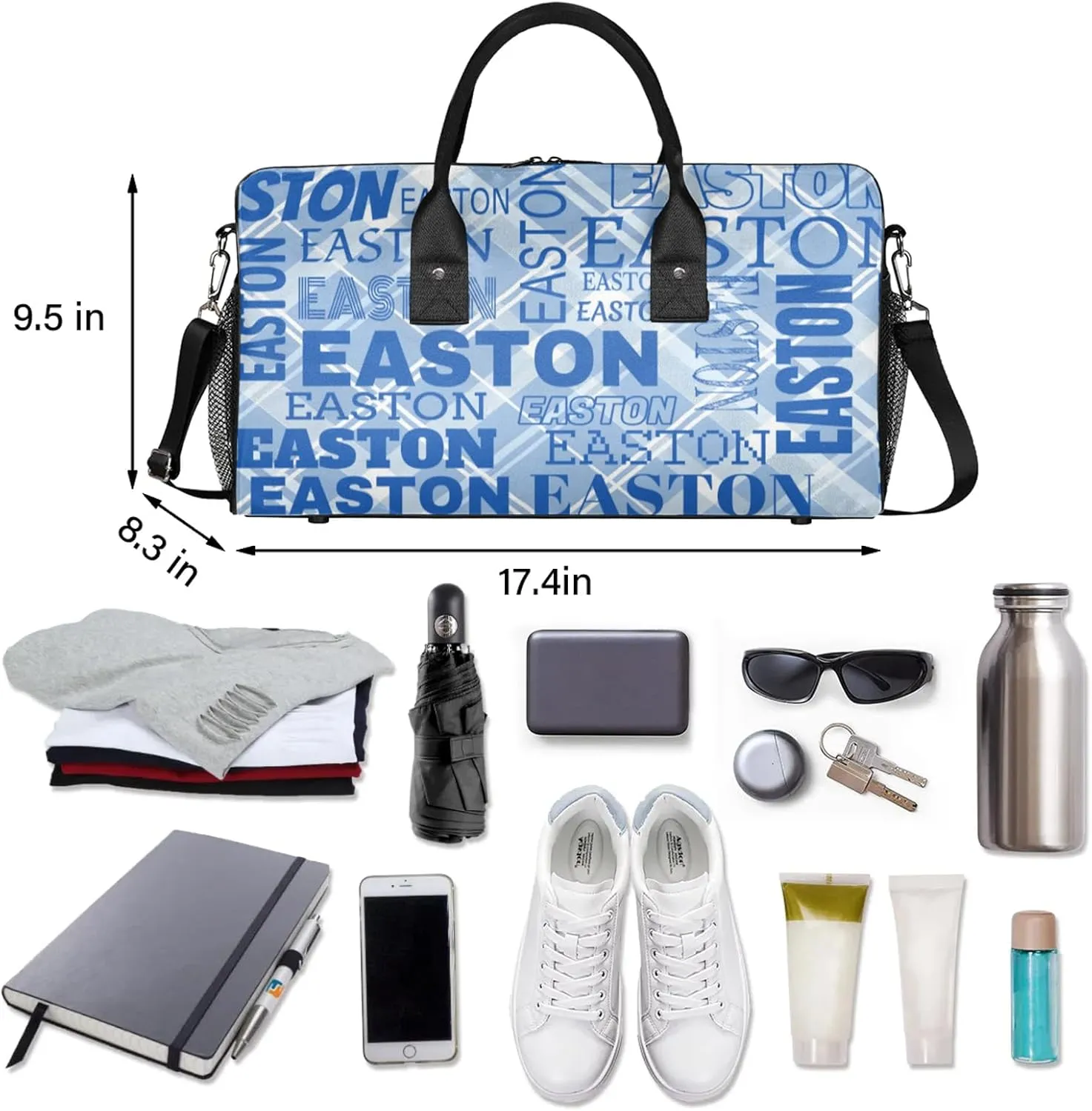 Custom Sport Gym Duffel Bag with Name Personalized Travel Overnight Bag Waterproof Customized Dance Bag Carry-On Tote 17.4in, Blue Striped