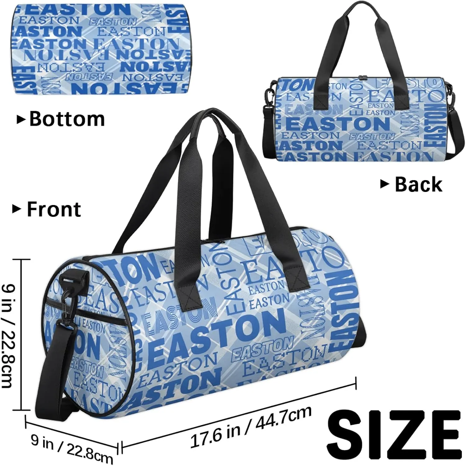 Custom Sport Gym Duffel Bag with Name Round Personalized Travel Overnight Bag Waterproof Customized Dance Bag Carry-On Tote 17.6in, Blue Striped