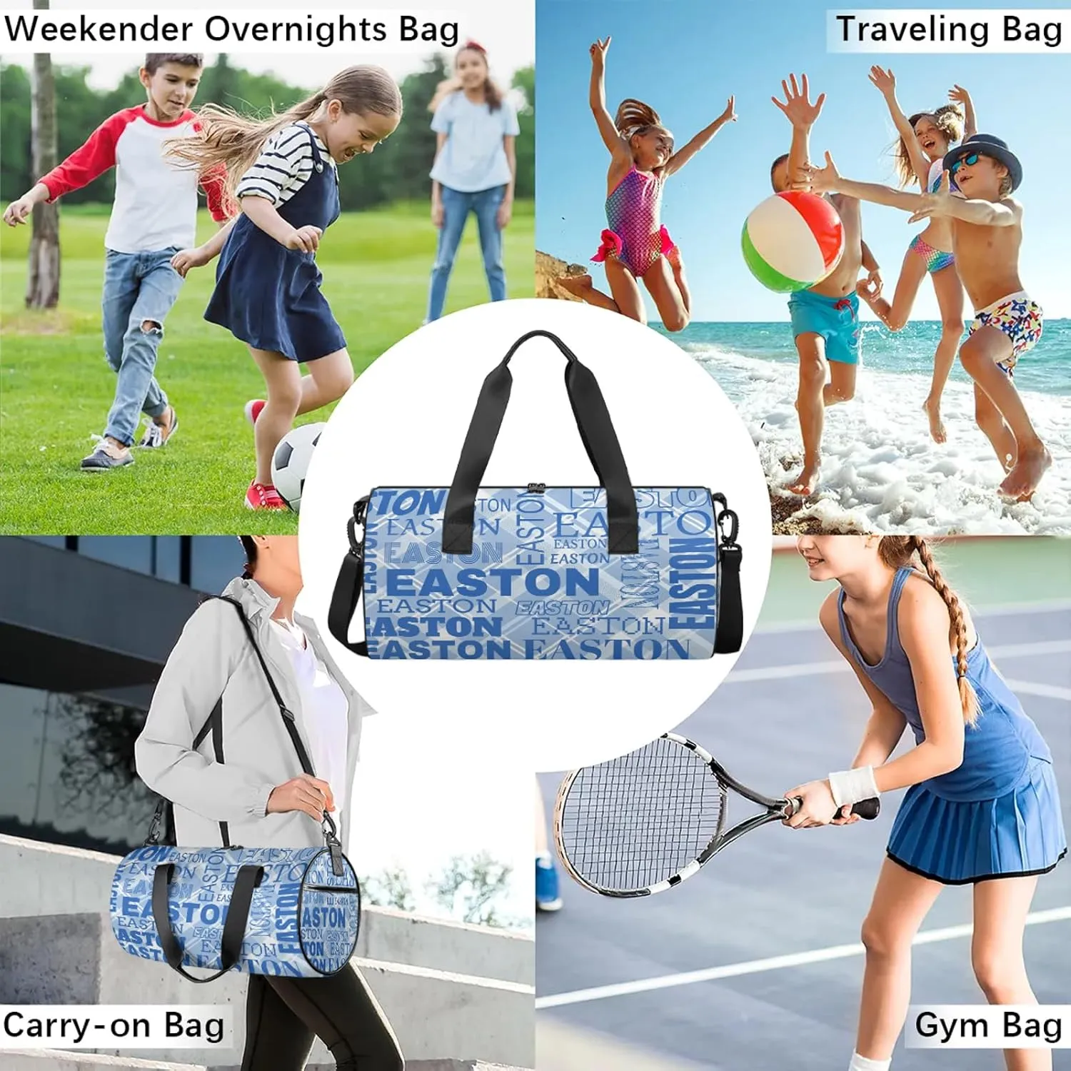 Custom Sport Gym Duffel Bag with Name Round Personalized Travel Overnight Bag Waterproof Customized Dance Bag Carry-On Tote 17.6in, Blue Striped