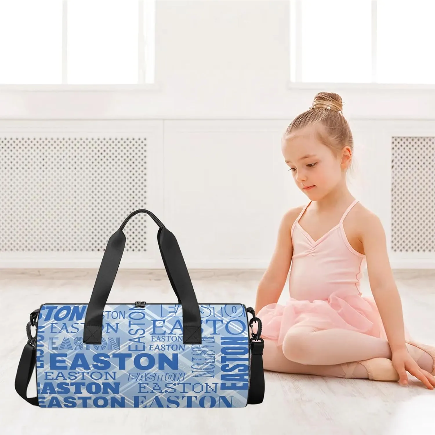 Custom Sport Gym Duffel Bag with Name Round Personalized Travel Overnight Bag Waterproof Customized Dance Bag Carry-On Tote 17.6in, Blue Striped