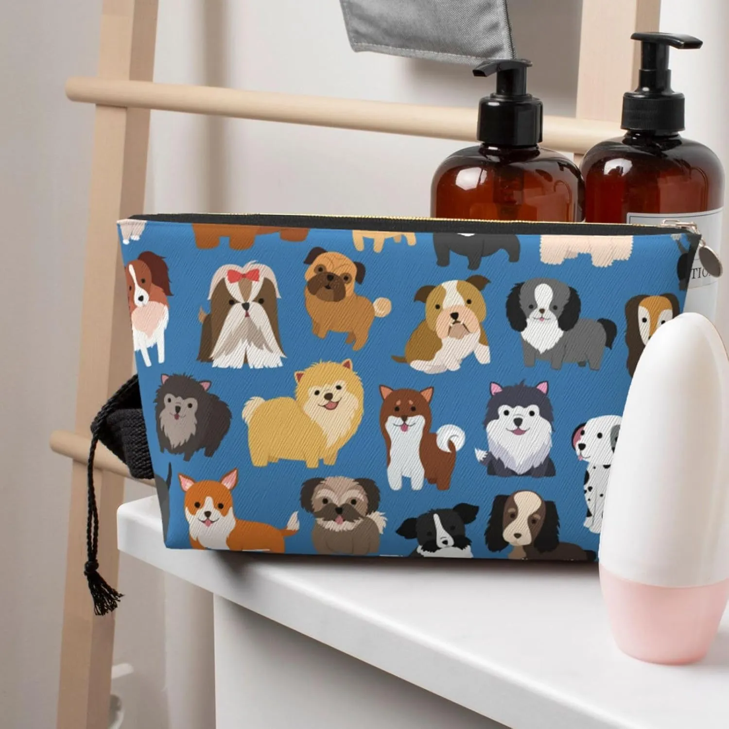 Cute Animal Dog Cosmetic Bag Travel Makeup Bag Organizer Toiletry Bag with Zipper Storage Pouch Coin Purse Brushes for Women Girls Gifts